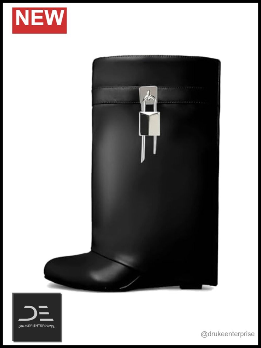 Wide Calf Fold Over Wedge Heel Ankle Boots with Padlock